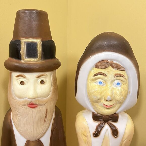 VTG Don Featherstone Blow Mold Pilgrim Couple Thanksgiving Light Up Man & Woman - Picture 5 of 16